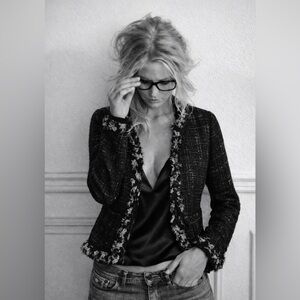 Chic Nipon Black/White Plaid Tweed Jacket with Silk Fringe Trim